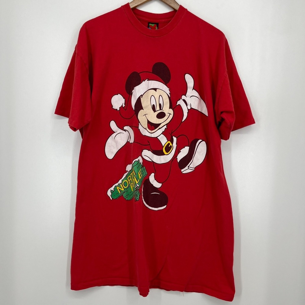 Mickey Unlimited Vintage 90s Mickey Mouse Santa North Pole Red T-Shirt One Size